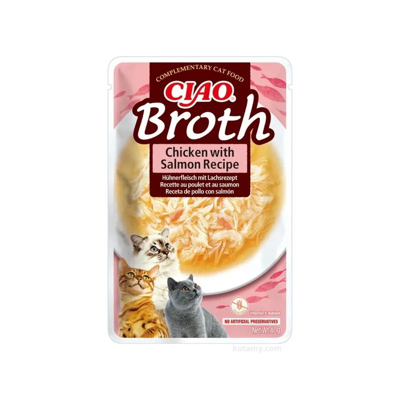 Non Perdere INABA Ciao Broth - alimento complementare per gatti al gusto di pollo e salmone in brodo 40 g