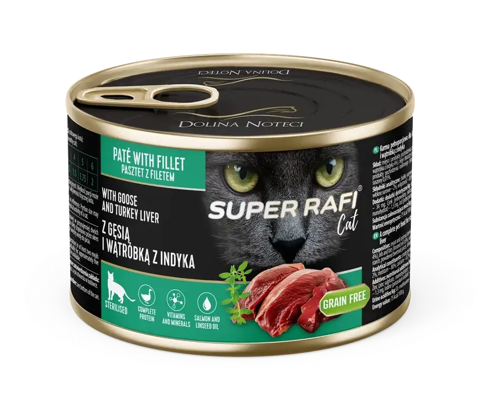 Promozione Esclusiva DOLINA NOTECI Super Rafi Cat P&F con oca e fegato di tacchino per gatti sterilizzati 6x185 g
