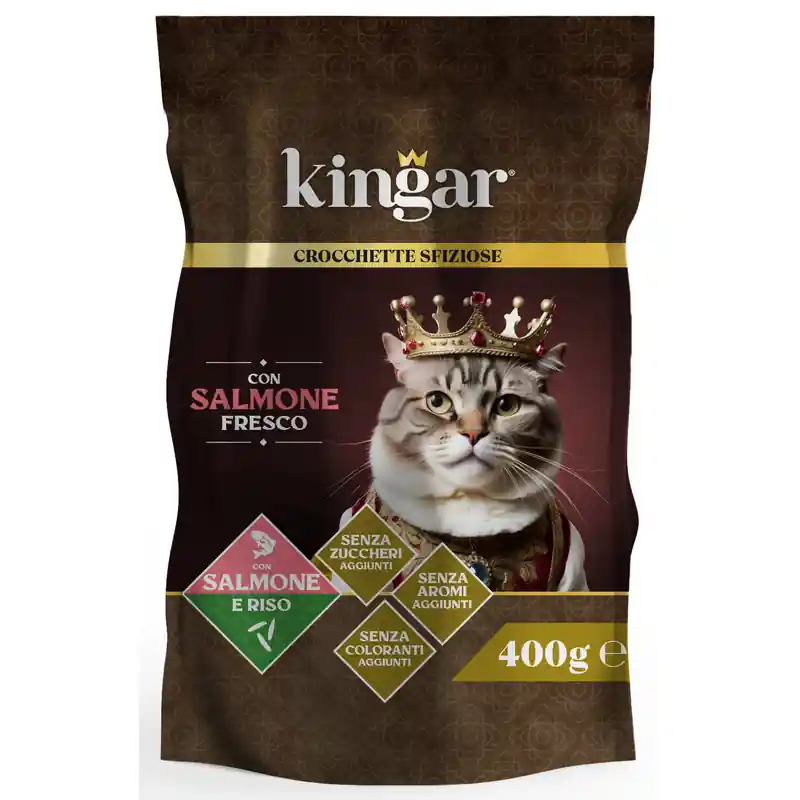 Ultime Pezzi KINGAR CAT GATTI ADULTI BUSTA CIBO SECCO SALMONE FRESCO RISO 400 GR.