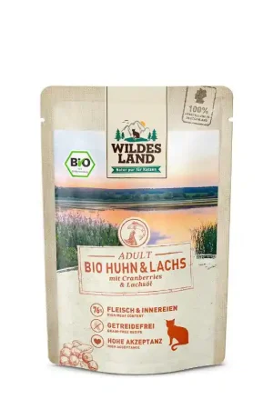 Miglior Prezzo WILDES LAND - GATTO BIO - POLLO E SALMONE CON MIRTILLI ROSSI E OLIO DI SALMONE